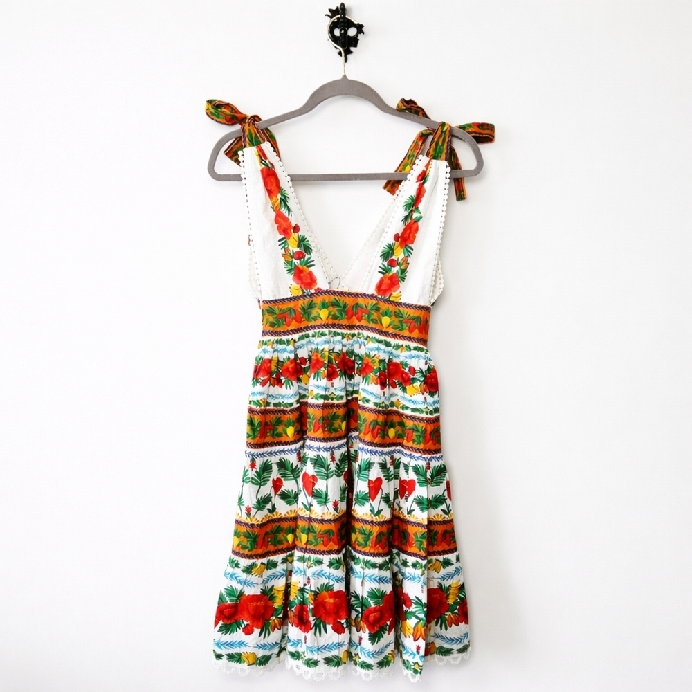 Farm Rio x Anthropologie V Neck Tiered Mini Dress Size XXS Floral Tie Shoulders - Picture 4 of 6
